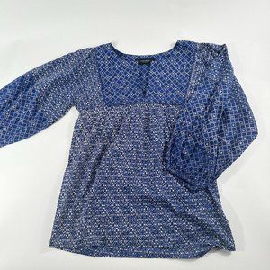 Lucky Brand Womens Peasant Popover Blouse Sz S Boho Aztec Print Blue